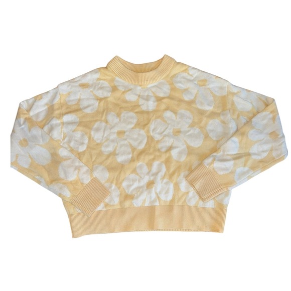 Divided Sweaters - Womens Yellow White Flower Print Long Sleeve Knit Sweater Top